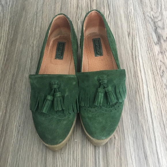 Topshop KOBBLER Fringe Green Suede Flatform - Picture 2 of 3
